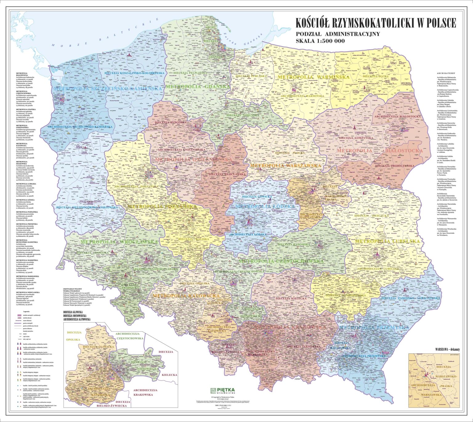 Mapa administracyjna Kościoła rzymskokatolickiego w Polsce, skala 1:500 000 — diecezje i dekanaty